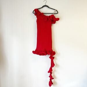 ASOS Plisse Red Dress One Shoulder Cocktail Dress with Tail Train Size 0